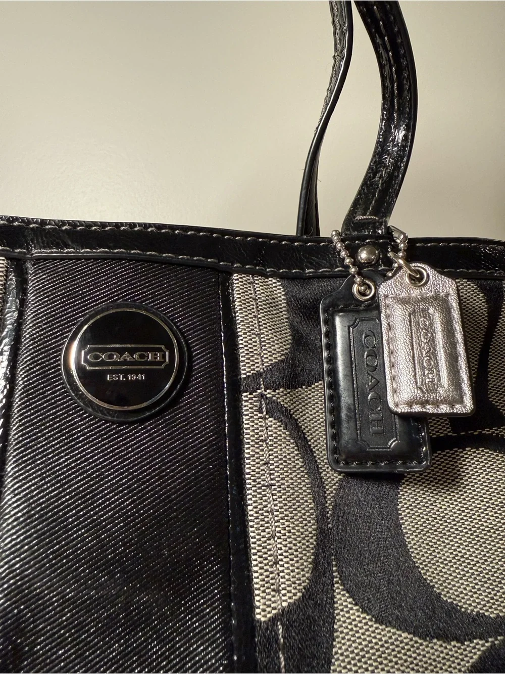 Vintage Y2K Coach Signature Stripe Small Tote Bag Black/Gray Jacquard F15112
